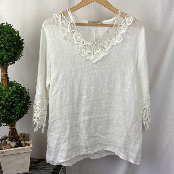 100% Linen White Half Sleeve Lace Crochet Blouse Top From Vanessa Alexandra L - Picture 1 of 5